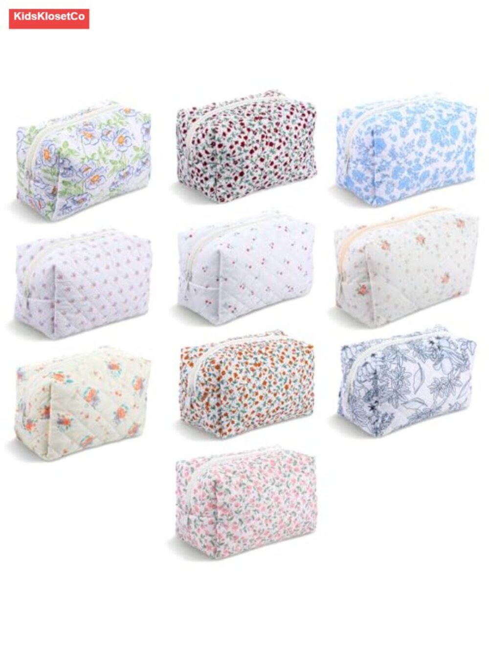 Set of 10 Floral Quilted Cosmetic Bags with Zipper, Cotton Makeup Bags for